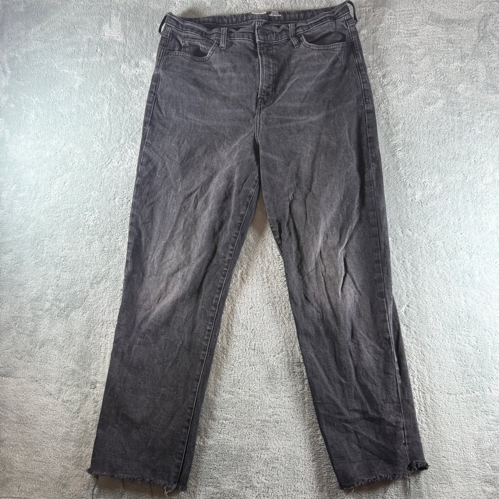 Old Navy Sky Hi Straight Jeans Womens 14 Extra High Rise Black Raw Hem 0184